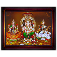 Pavan Photo Laminations Lakshmi Devi Ganesha Saraswati Ganesh Hanging Wall Painting Framed Home Decor (Wood,Matte,Brown,Small Size,6 x 8 Inch) B382S