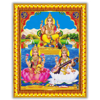 Pavan Photo Laminations Lakshmi Devi Ganesha Saraswati Ganesh Hanging Wall Painting Framed Home Decor (Wood,Matte,Gold,Small Size,6 x 8 Inch) R383S