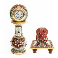 Handicraft Kingdom White Marble Table Clock with Ganesh Chowki | Ethnic Design Gold Painted Handmade Round Beautiful Meenakari Work Plate Watch| Approx Size (2 x 6 Inch) & Wt (600 Gm) Pack of 4