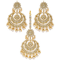 ZAVERI PEARLS Gold Tone Kundan & Pearls Traditional Earring & Maangtikka Set For Women-ZPFK8541