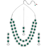 ZAVERI PEARLS Green Stones Dazzling Austrian Diamonds Layered Necklace Earring & Maangtikka Set For Women-ZPFK17569
