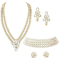 Peora Gold Plated Crystal Pearl Long Necklace with Drop Earrings Traditional Ethnic Jewellery Set for Women Girls | Gold & White