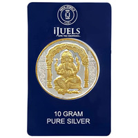 iJuels 999 fine Silver 10 Grams Ganeshji Silver coin with 22Kt Gold (Temperproof Pack)