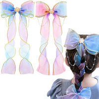 SANNIDHI 2Pcs Hair Bow for Girls Kids Cute Rainbow Ribbon Bow Clip Pearl Bow Hair Clips for Girls Princess Hair Accessories for Girls Gift