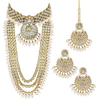 Peora 18K Gold Plated Kundan Faux Bead Bridal Necklace Jewellery Set for Women Girls