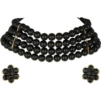 Peora Gold Plated Black Pearl Beaded Choker Necklace with Stud Earrings for Women Traditional Stylish Jewellery Set (Black)