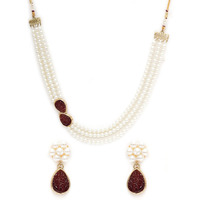 Karatcart Red Stone Studded Pearl Kundan Necklace Set for Women