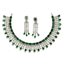 ZENEME Jewellery American Diamond Floral Design Choker Necklace Set With Earring For Women and Girls (Green Rhodium)