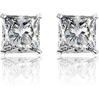 HIGHSPARK 925 Silver Square Solitaire Stud Earrings | 92.5 Sterling Silver & Square Brilliant Cubic Zirconia Tops for Men Women Boys & Girls | Silver 7mm