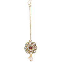 Accessher Gold Plated Traditional Vilandi Kundan and Ruby Stone Embellished Floral Design Statement Maang Tika/Maang Tikka for Women and Girls | Wedding Jewellery for Girls Pack of 1