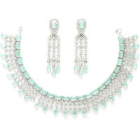 ZENEME Jewellery American Diamond Floral Design Choker Necklace Set With Earring For Women and Girls (Mint Rhodium)