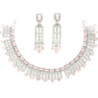 ZENEME Jewellery American Diamond Floral Design Choker Necklace Set With Earring For Women and Girls (Pink Rhodium)