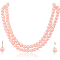 Ratnavali Jewels Imitation Pearl 10MM Bead Size Double Strand Necklace Pearl Moti Mala Jewellery Set with Earrings for Women Girls
