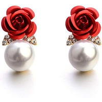 Shining Diva Fashion Red Pearl Floral Stylish Traditional 18K Non Precious Metal Gold Plated Stud Earrings for Women (9594er)