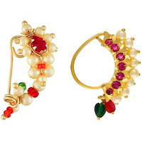 Vail Creations Small Size Traditional Maharashtrian Nose ring for women without piercing Pearl Gold Plated Nath Clip On Nose Ring For Girls (Pack of 2)