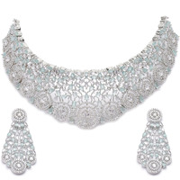 ZENEME Rhodium-Plated Silver White American Diamond Choker Necklace with Earrings Jewellery Set with Girls and Women (Lime Green)