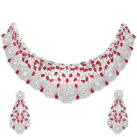 ZENEME Rhodium-Plated Silver White American Diamond Choker Necklace with Earrings Jewellery Set with Girls and Women (Red)