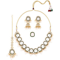 ZAVERI PEARLS Green Enamel Kundan & Pearls Bridal Necklace Earring Maangtikka & Ring Set For Women-ZPFK16757