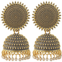 Fashion Frill Mesmerizing Traditional Gold Plated Floral Golden Pink Jhumkas Pearl Studded Earrings For Women Girls (Gold)