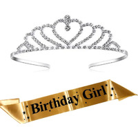 Curated Cart Birthday Girl Sash And Heart Crown For Happy Birthday, Girls Birthday Items Combo Kit (Gold)