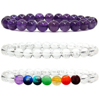 Young & Forever Gift Dvine Spiritual Natural Semi-Precious Amethyst Clear Quartz 7 chakra Reiki Bracelet for Men and Women Set of 3