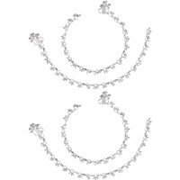 AanyaCentric Pack of 2 Pair Indian Traditional Ethnic White Metal Anklet Pair Silver Leg Bracelet For Women Payal Girls Kolusu