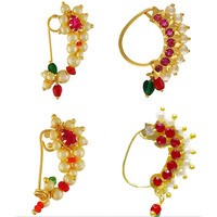 Vail Creations Small Size Traditional Maharashtrian Nose ring without piercing Pearl Gold Plated Nath Clip On Nose Ring For Women (Combo of 4)