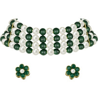 Peora Faux Pearl Beaded Choker Necklace with Stud Earrings Traditional Jewellery Set For Women & Girls (Green White)
