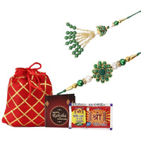 Kalakriti Unisex-Adult Rakhi For Brother And Bhabhi Combo Set Of 2 Lumba Bracelet For Bhabhi With Roli Chawal, Raksha Bandhan Greeting Card And Printed Potli Bag (Rakhi 5)