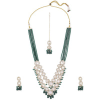 ZAVERI PEARLS Green Multistrand Crystal Austrian Diamonds Artificial Stones & Beads Bridal Necklace Earring & Maangtikka Set For Women-ZPFK16920