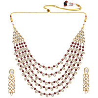 Peora Gold Plated Maroon White Pearl Kundan Layered Necklace Earring Jewellery Set For Unisex Adult