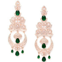 Zeneme Floral Shaped American Diamond Dangle Chandelier Earring For Women And Girls (Green RoseGold)