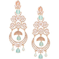 Zeneme Floral Shaped American Diamond Dangle Chandelier Earring For Women And Girls (Mint RoseGold)