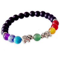 Young & Forever Gift Dvine Onyx Seven Chakra Healing Beads Yoga Reiki Silver Elephant Charm Natural Stone Unisex Spiritual Energy Strand Bracelet for Women