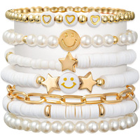 Evolluxi Preppy Bracelets Set Colorful Smiley Face Heart Star Evil Eye Beaded Polymer Clay Pearl Stackable Charm Kid core Bracelets Jewelry for Women Girls Teens. (White)