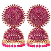 Fashion Frill Mesmerizing Traditional Gold Plated Floral Golden Pink Jhumkas Pearl Studded Earrings For Women Girls (Pink)