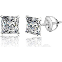HIGHSPARK 925 Silver Solitaire Screwback Stud Earrings | 92.5 Sterling Silver & Square Princess Cut Brilliant Zirconia Tops for Men, Women, Boys and Girls | Silver 5mm