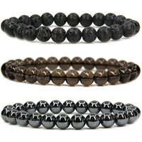 Young & Forever Gift Dvine Spiritual Natural Semi-Precious Hematite Smoky Quartz Lava Rock Bracelet for Men and Women Set of 3