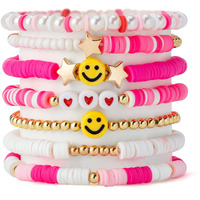 Evolluxi Preppy Bracelets Set Colorful Smiley Face Heart Star Evil Eye Beaded Polymer Clay Pearl Stackable Charm Kid core Bracelets Jewelry for Women Girls Teens. (Pink)