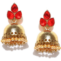 Zaveri Pearls Yellow Gold Jhumki Earrings for Women (Red)(ZPFK6426)