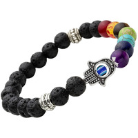 Young & Forever Black DVine 8Mm Lava Stone 7 Chakra Hamsa Hand Evil Eye Healing Yoga Beads Strand Bracelet For Women , Men, Girls, & Boys