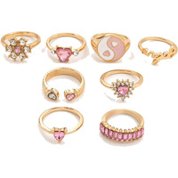 Fashion Frill Ring For Girls Golden Ring AD Studded Heart Multi Designs Gold Plated Boho Ring Finger Ring Set For Women Girls Jewellery Valentine Ring Combo Set