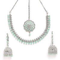ZENEME Jewellery Sparkling American Diamond Collar Necklace with Designer Jhumka/Jhumki Earrings Maang Tikka for Women and Girls (Mint Green)