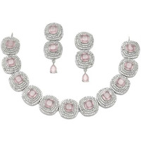 ZENEME Rhodium Plated Silver Toned Triangular Shaped American Diamond Studded Jewellery Set For Women and Girl (Pink_Design_02)