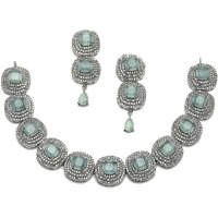 ZENEME Rhodium Plated Silver Toned Triangular Shaped American Diamond Studded Jewellery Set For Women and Girl (Sea Green_Design_02)