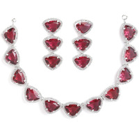 ZENEME Rhodium Plated Silver Toned Triangular Shaped American Diamond Studded Jewellery Set For Women and Girl (Red_Design_01)
