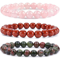 Young & Forever Gift Dvine Spiritual Natural Semi-Precious Red Jasper Rose Quartz Unakite Bracelet for Men and Women Set of 3