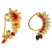 Vail Creations Traditional Maharashtrian Nose ring without piercing Pearl Gold Plated Nath Clip On Nose Ring For Women Combo of 2