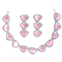 ZENEME Rhodium Plated Silver Toned Triangular Shaped American Diamond Studded Jewellery Set For Women and Girl (Pink_Design_01)