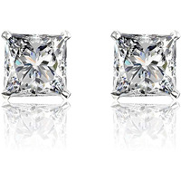 HighSpark 925 Silver Square Solitaire Stud Earrings | 92.5 Sterling Silver & Square Brilliant Cubic Zirconia Tops for Men Women Boys & Girls | Silver 4mm
